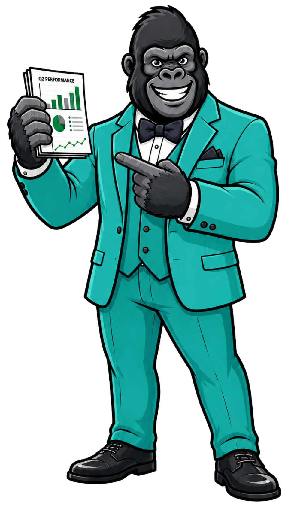 Presentation Gorilla mascot holding a Q2 performance deck.